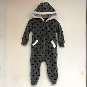 Baby Grey Black Polka Dot Hooded Zipper Fleece Romper Onesie Size 12m